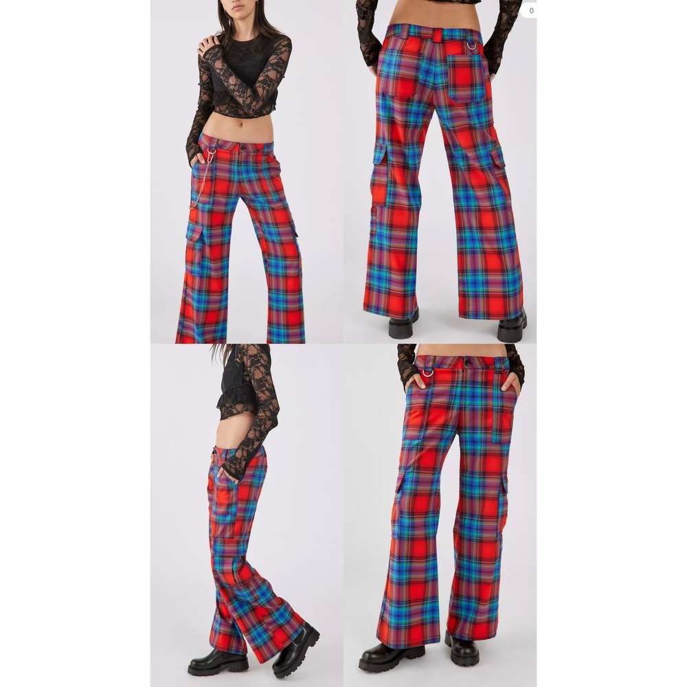 Urban Outfitters Red Plaid Wide Leg Cargo Pants D-Ring Punk Grunge Size 4